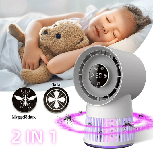 Kreativ 2-i-1 myggdödande mini-bordsfläkt – elektrisk myggfångare med USB-uppladdning/ fläkt och nattlampa för hem och utomhusbruk.