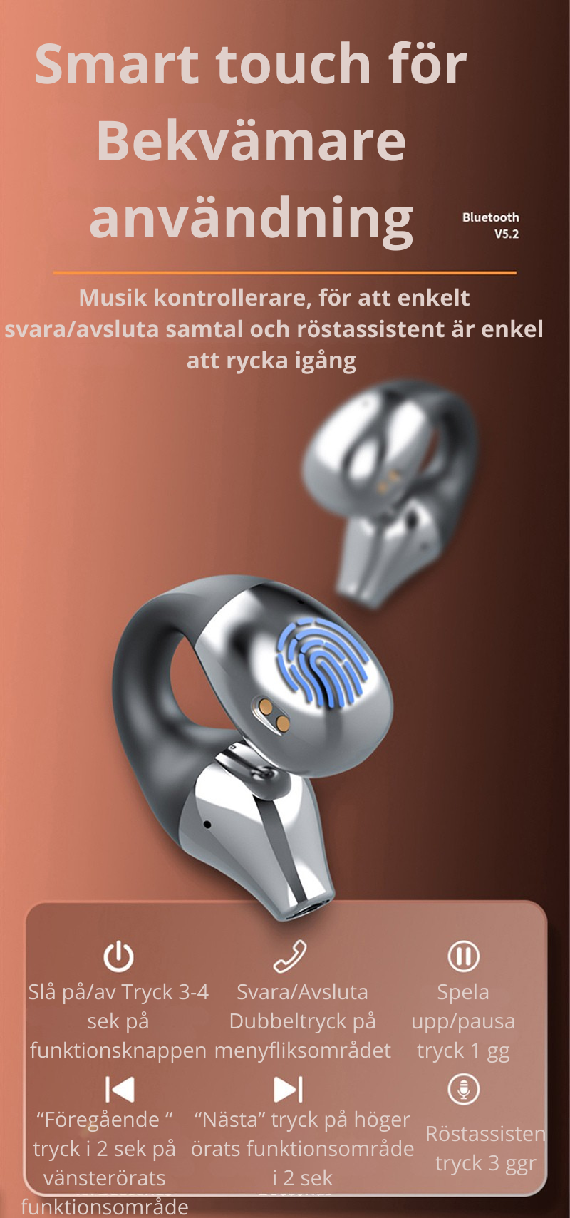 Öronklämma Benledningshörlurar Bluetooth-kompatibla 5.2 HiFi Trådlösa Hörlurar Touch Handsfree Sport Brusreducerande Headset med Mikrofon