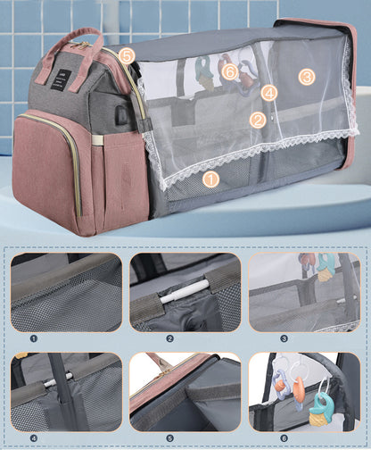 Multifunktionell Skötväska med Inbyggd Resesäng – Stor Kapacitet & Isolerade Fack